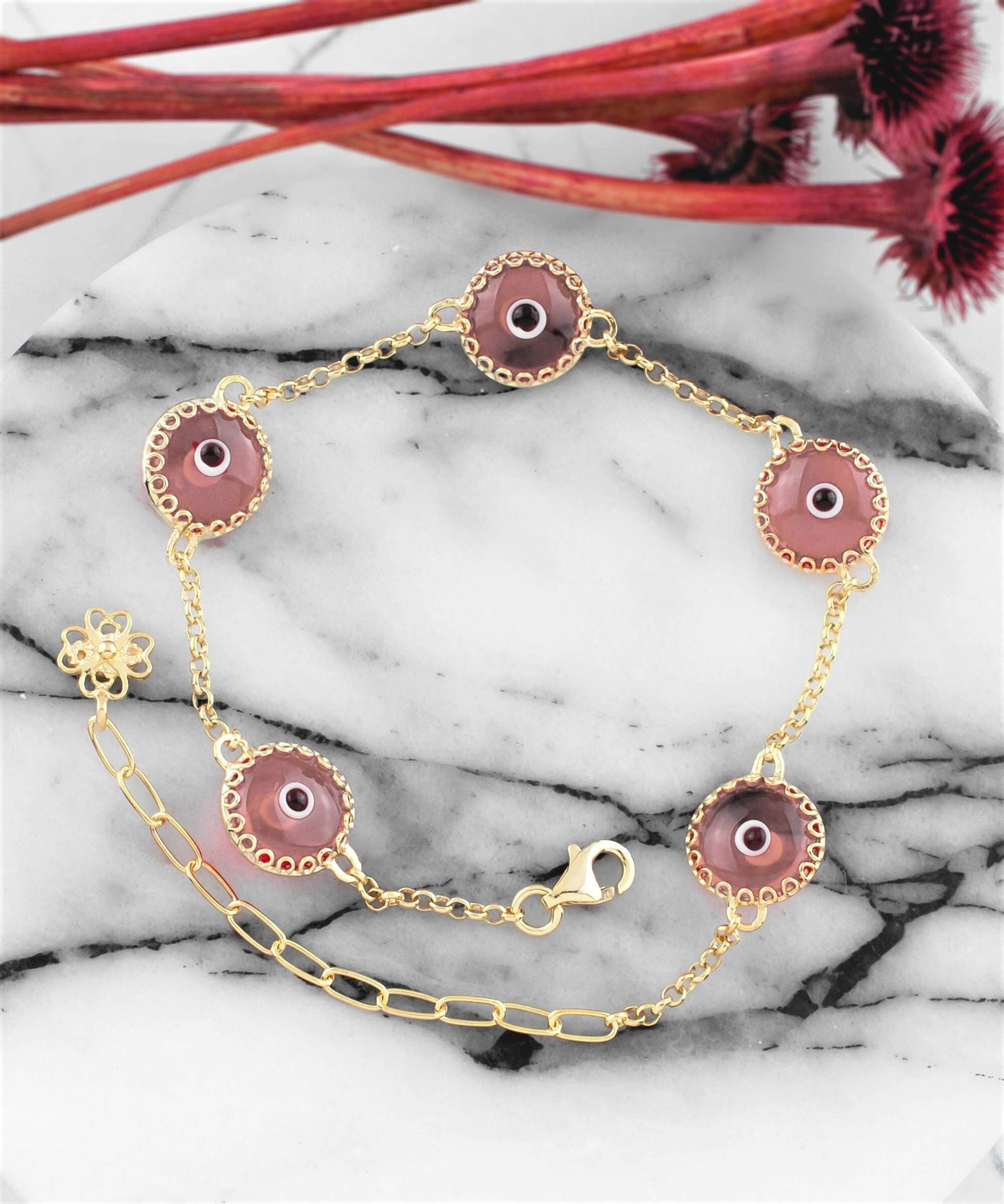 Vergoldetes Silber-Rosa-Evil-Eye-Kettenarmband, 10 Mm Transparente Rosa Murano-Glasperlen, Goldgefülltes Schutzarmband Für Pech Vergoldetes Silber-Rosa-Evil-Eye-Kettenarmband, 10 Mm Transparente Rosa Murano-Glasperlen, Goldgefülltes Schutzarmband Für Pech von FiligranSilver