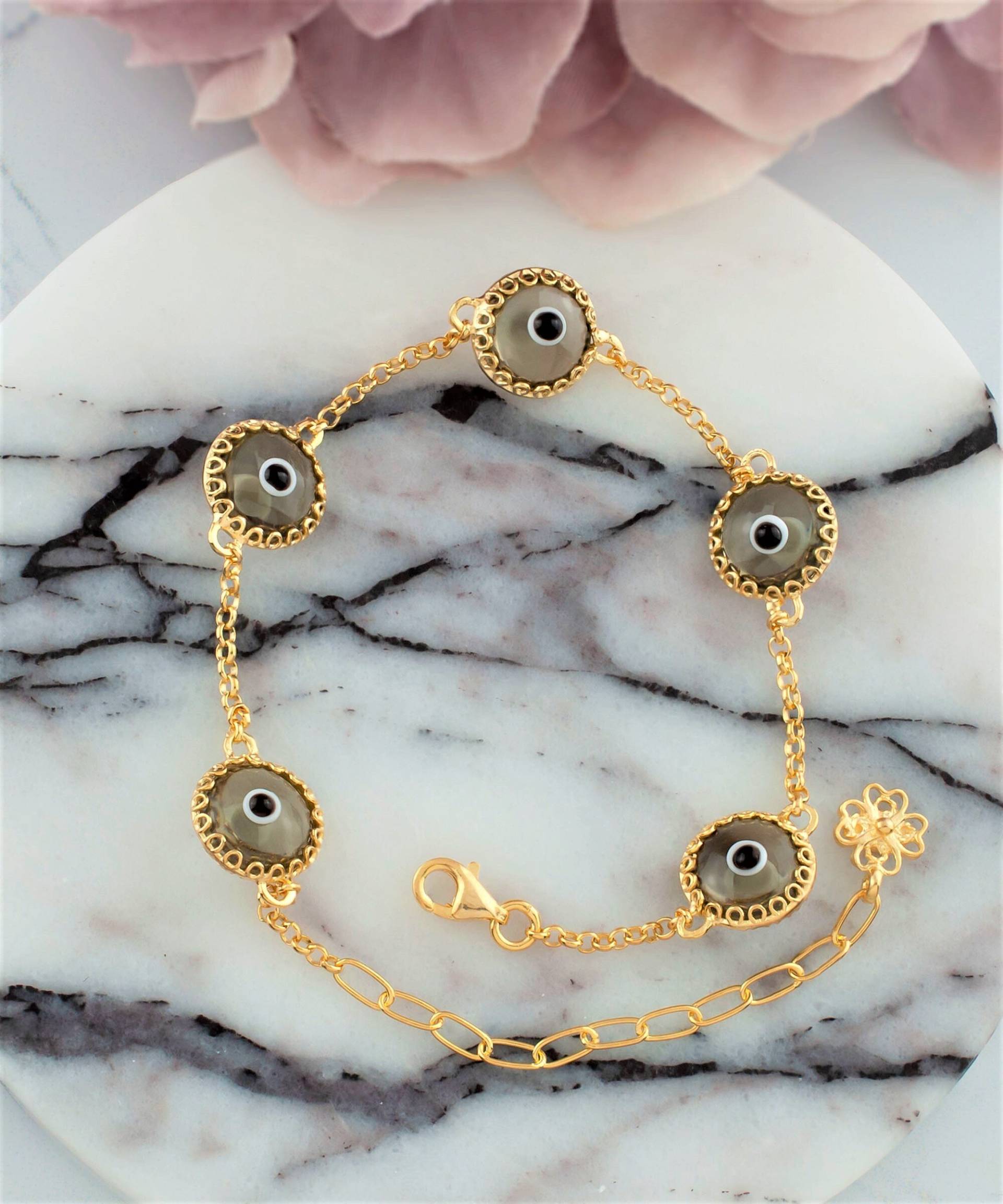 Vergoldetes Silbernes Smokey-Evil-Eye-Kettenarmband, 10 Mm Transparente Smokey-Murano-Glasperlen, Mit Gold Gefülltes Schutzarmband Gegen Pech Vergoldetes Silbernes Smokey-Evil-Eye-Kettenarmband, 10 Mm Transparente Smokey-Murano-Glasperlen, Mit Gold Gefülltes Schutzarmband Gegen Pech von FiligranSilver