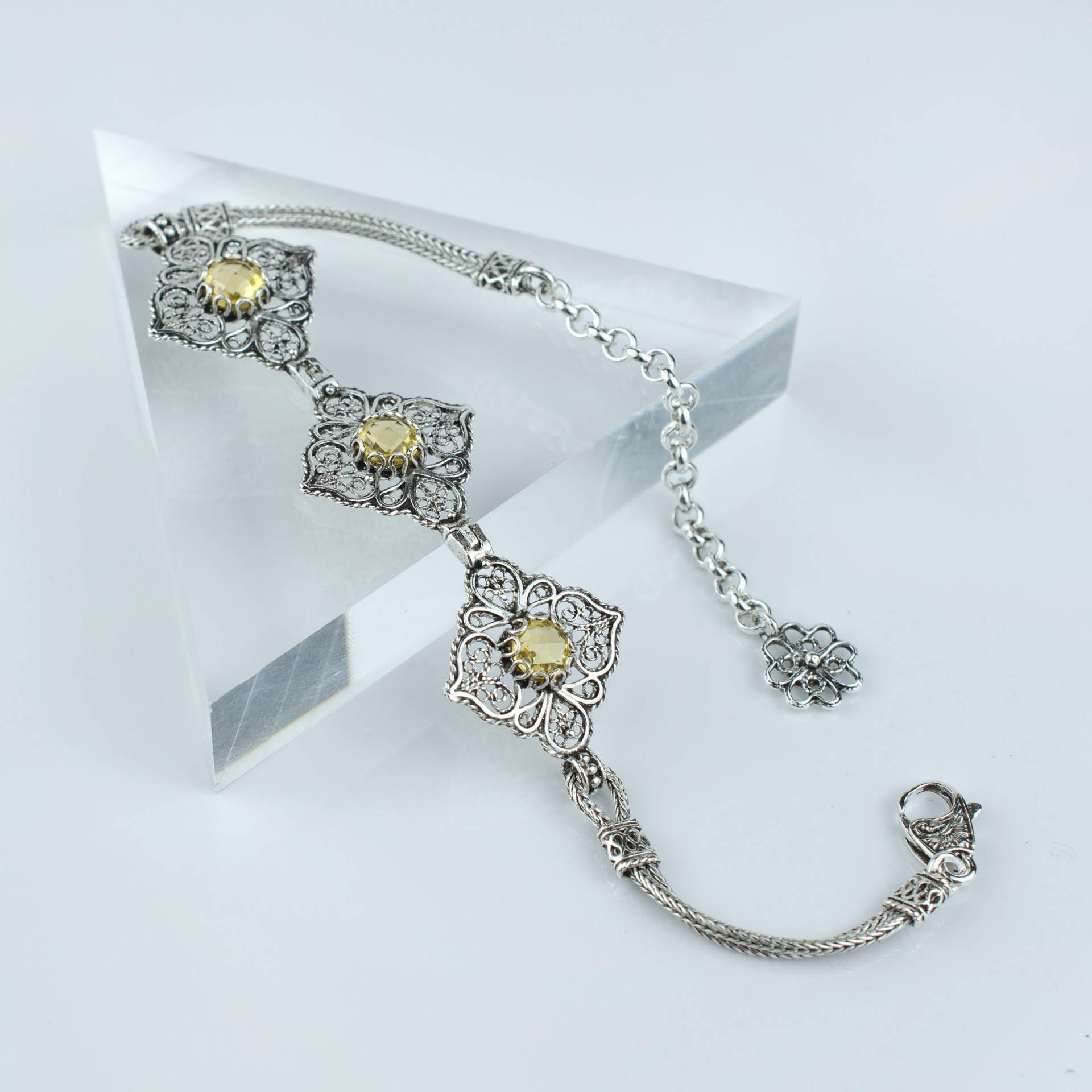 925 Sterling Silber Frauen Gliederarmband Mit Citrin Edelsteinen, Handgefertigtes Filigranes Kunst Link Armband von FiligranUSA