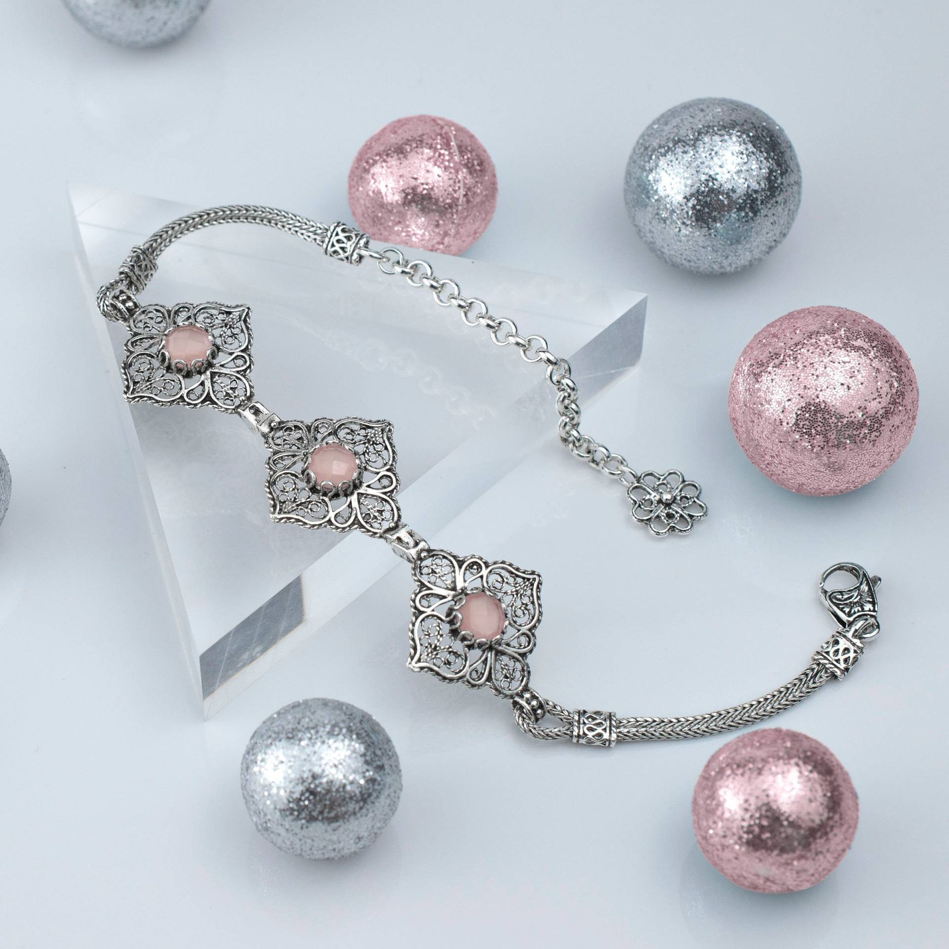 Rosa Chalcedon 925 Sterling Silber Armband Handarbeit Filigran Kunst Gliederarmband Rosa Chalcedon 925 Sterling Silber Armband Handarbeit Filigran Kunst Gliederarmband von FiligranUSA