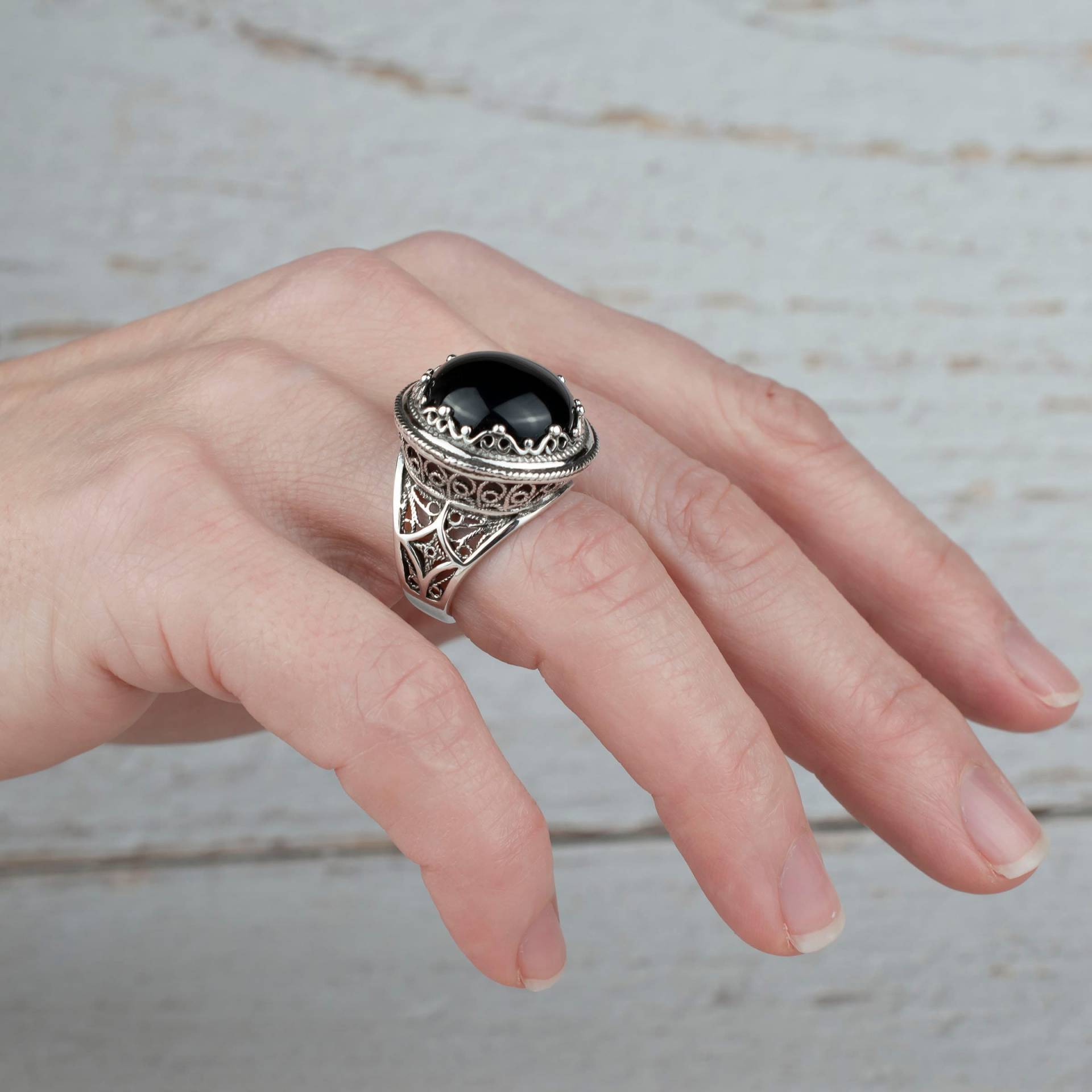 Schwarze Onyx 925 Sterling Silber Mutige Ring Handwerker Gemacht Handgefertigte Filigrane Kunst Geschenk Für Sie von FiligranUSA