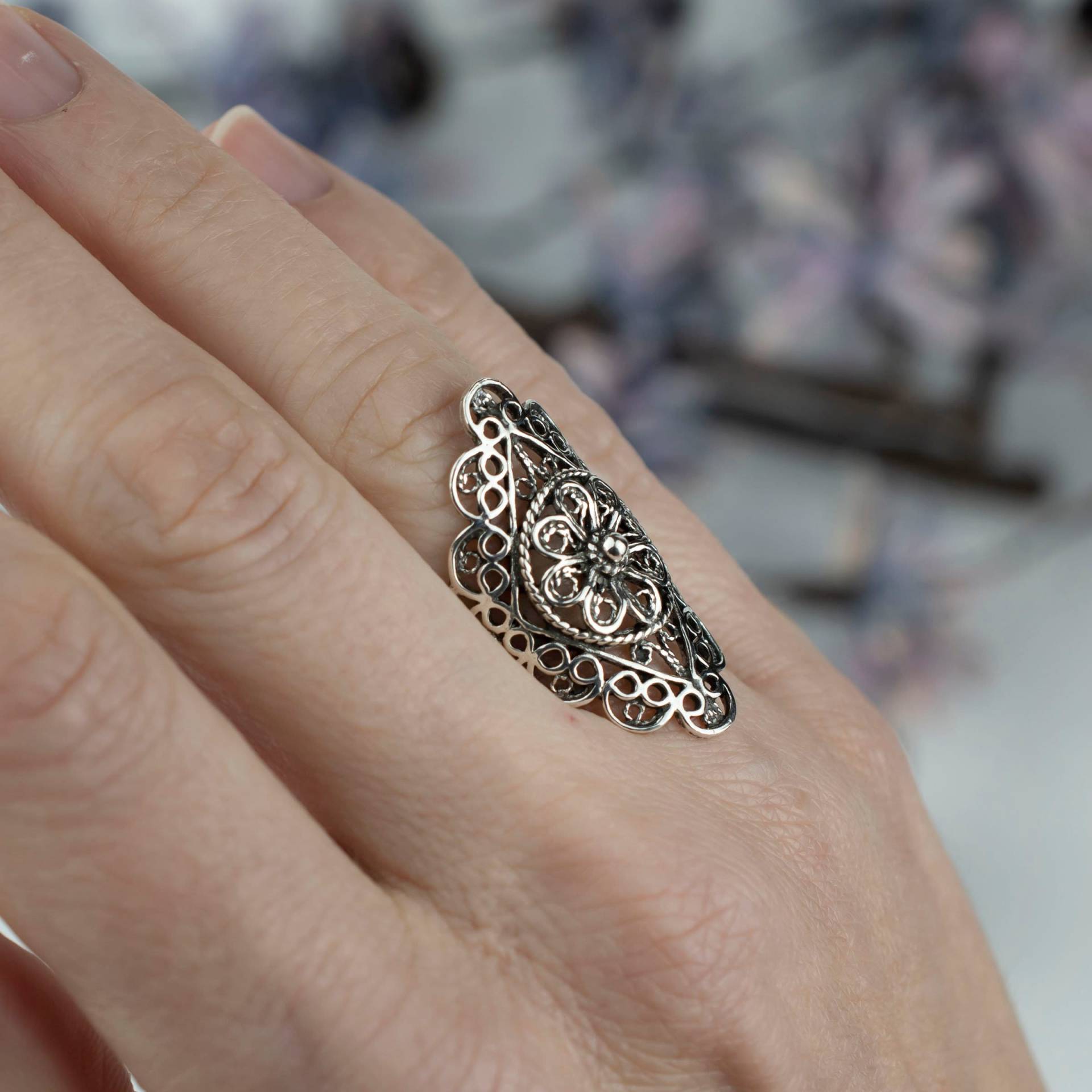 Sterling Silber Frauen Spitze Langer Ring, Handgefertigte Stickerei Filigrane Kunst Statement Mutig Ring von FiligranUSA