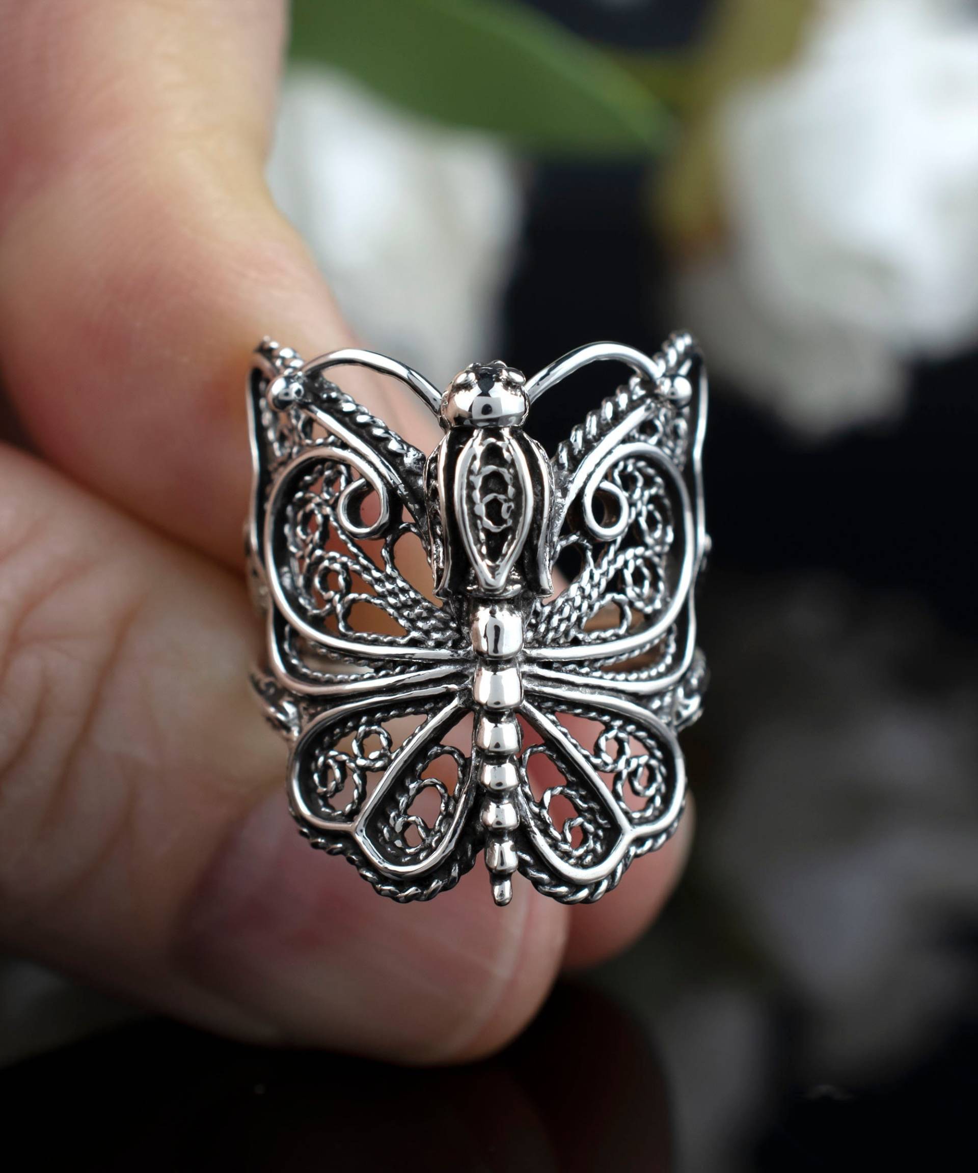 sterling Silber Schmetterling Frauen Cocktail Ring, Handwerker Gemacht Handgefertigte Spitze Filigrane Kunst Alltag Geschenk Boxed von FiligranUSA