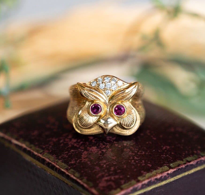 Diamant & Ruby Eyed Eule Cocktail Ring Aus 750Er Gelbgold von FiligreeJewelers