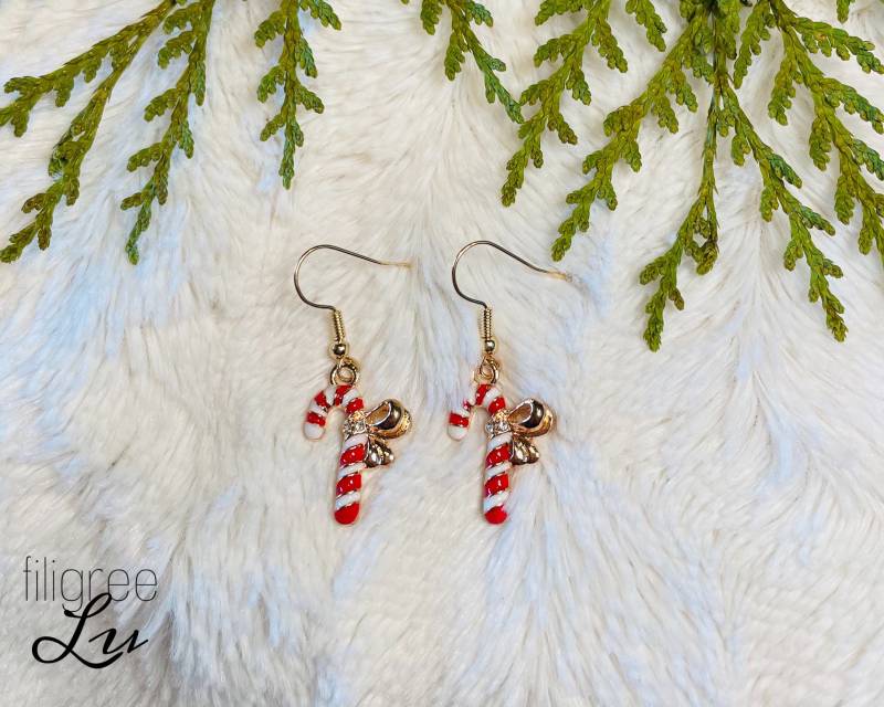 Ohrstecker Zuckerstange Ohrringe Weihnachten Nikolaus Gold Weiß Rot von FiligreeLu