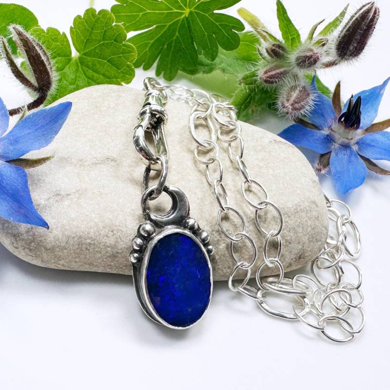 Echter Opal Anhänger, Australien Opal, Charm, Gliederkette, Mond, Geschenk, Karabiner Charm Halskette, Zarter Schmuck Silber, Blauer von Filigry