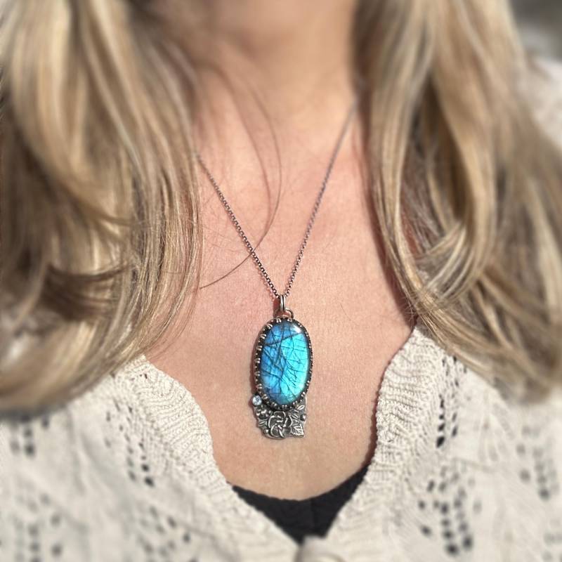Multi Flash Labradorit Anhänger, Aquamarin, Blumen Halskette, Sterling Silber, Geschenk Für Sie, Blauer, Mutter von Filigry