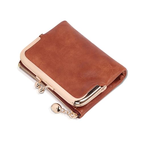 Fililogor Damen Geldbörsen aus Leder, Bifold-Geldbörse Retro-Kreditkartenetui, Compakte Geldbörse mit Reißverschluss-Kiss-Lock für Damen (Braun) von Fililogor