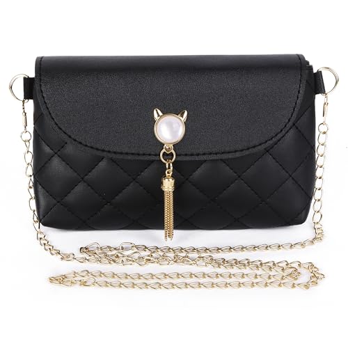 Fililogor Damen Umhängetasche Kleine Handtaschen PU-Leder Crossbody Bags mit Kette Messenger Umhängetaschen mit niedlichen Quasten in Katzenform Geldbörse für Mädchen und Damen (Schwarz) von Fililogor