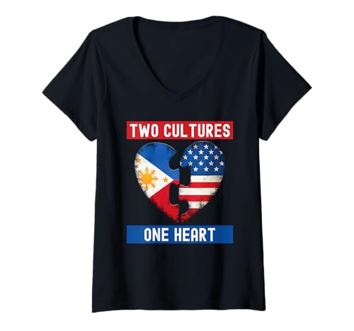 Damen Halb Filipino Halb Amerikanische USA Flagge Filipino Amerikanisch T-Shirt mit V-Ausschnitt von Filipino American USA Flag Philippines