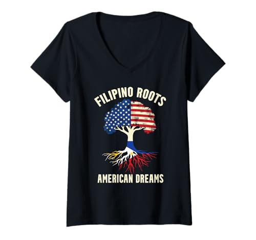 Damen Halb Filipino Halb Amerikanische USA Flagge Filipino Amerikanisch T-Shirt mit V-Ausschnitt von Filipino American USA Flag Philippines