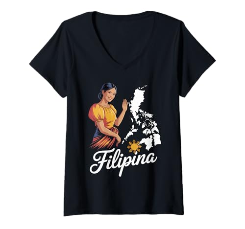 Damen Traditionelles Filipina Pride Woman Kostüm Heritage Culture T-Shirt mit V-Ausschnitt von Filipino National Dress Filipiniana Costume Pinoy