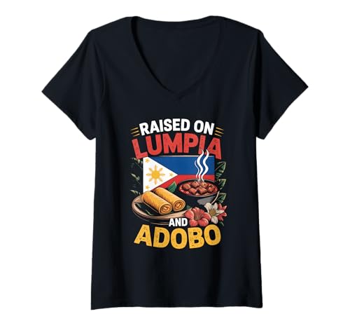 Damen Aufgewachsen auf Lumpia Adobo Filipino Food Lover Design T-Shirt mit V-Ausschnitt von Filipino Pride Heritage Cuisine Foodie Pinoy