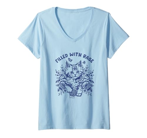 Damen Lustiges Kätzchen-Shirt, Katzenmeme, niedliche Katze, gefüllt mit Wut T-Shirt mit V-Ausschnitt Damen Lustiges Kätzchen-Shirt, Katzenmeme, niedliche Katze, gefüllt mit Wut T-Shirt mit V-Ausschnitt von Filled With Rage Tees