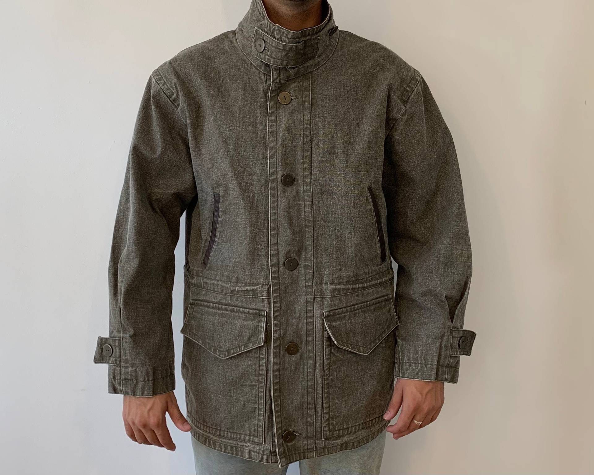 Vintage 90Er Jahre Man Es Washed Out Grün Grau Baumwolle Canvas Button Up Jacke Parka Mantel Größe M von FilmAndCosplay