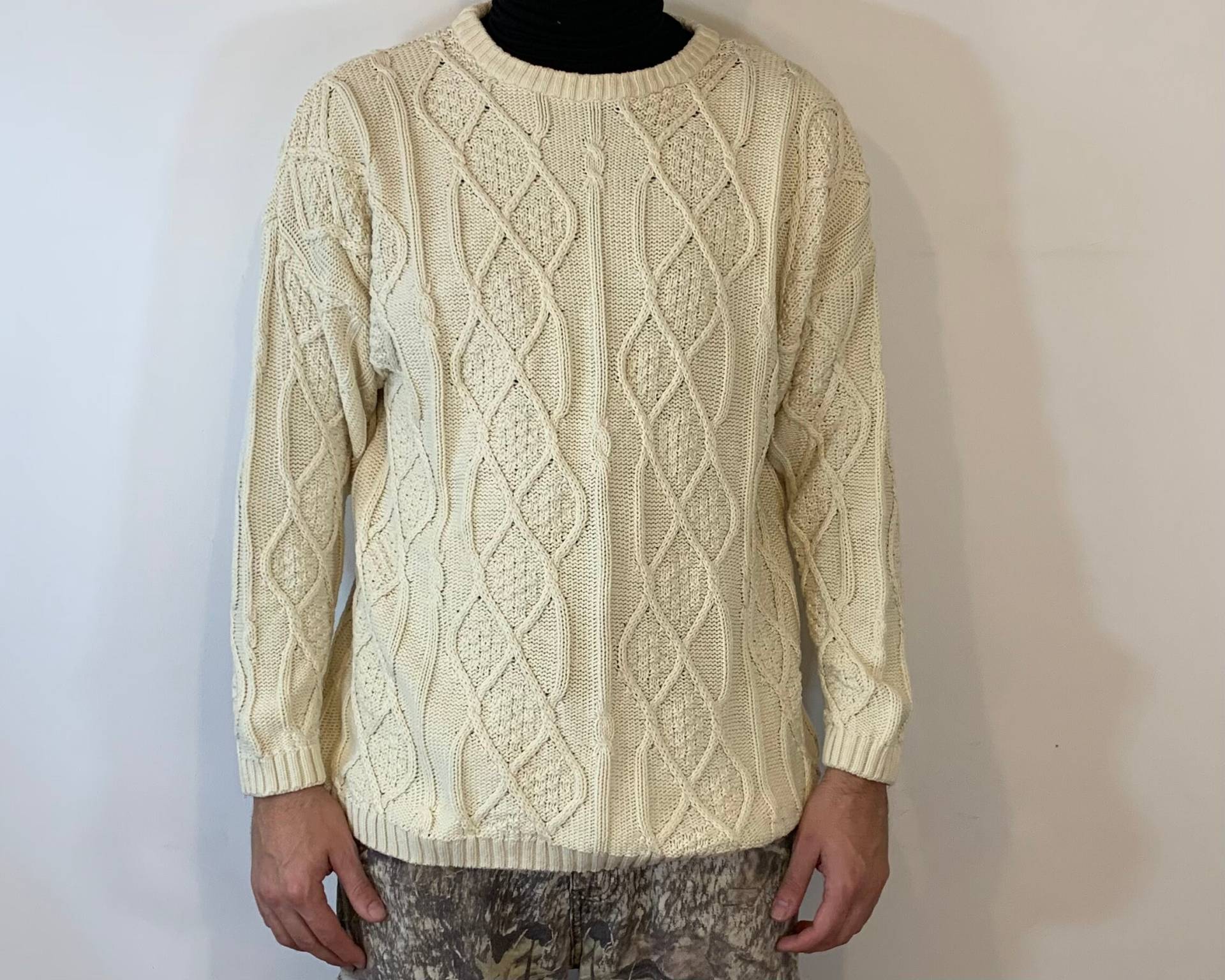 Vintage Baumwolle Off White Rundhalskabel Strickpullover Pullover Größe L Herren von FilmAndCosplay