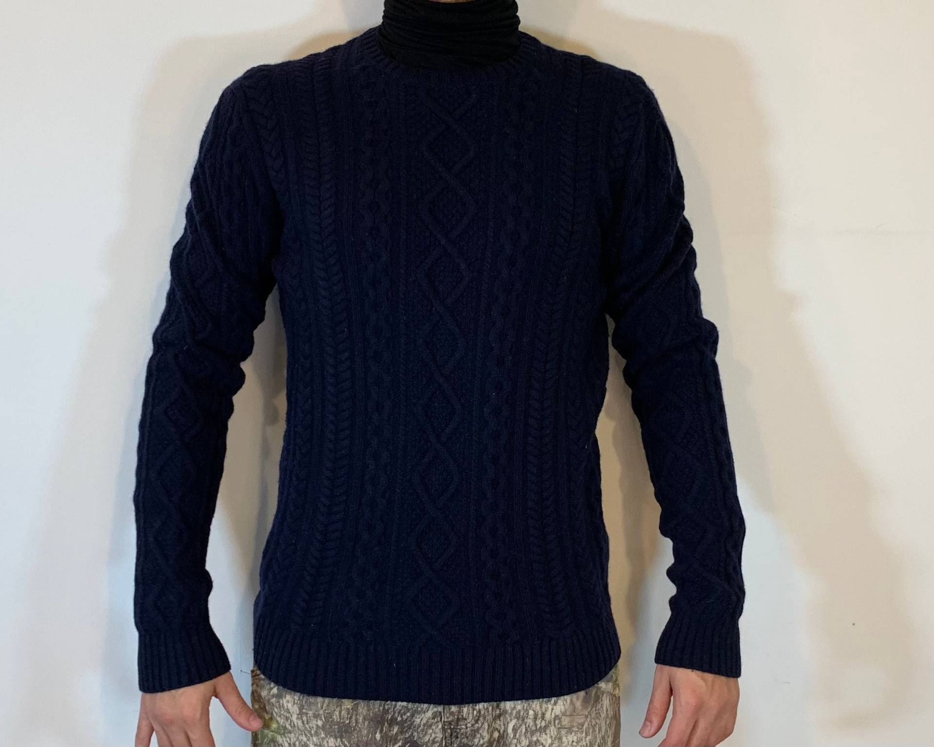 Vintage Reine Wolle Navy Blau Kabel Strick Crew Neck Pullover Größe S-M Herren von FilmAndCosplay