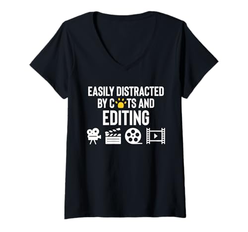 Damen Easily Distracted By Cats And Editing Editor T-Shirt mit V-Ausschnitt von Filmemacher Film Bearbeitung Designs
