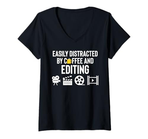 Damen Easily Distracted By Coffee And Editing Editor T-Shirt mit V-Ausschnitt von Filmemacher Film Bearbeitung Designs