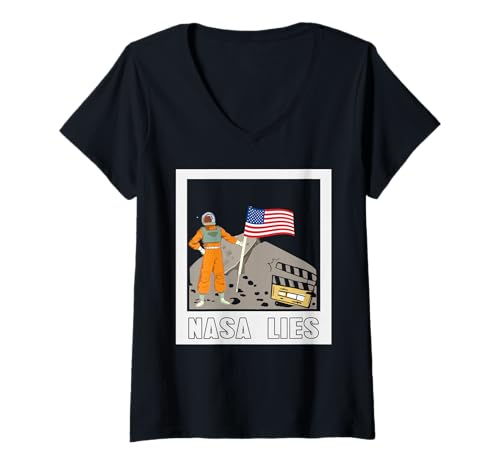 Damen Mondverschwörung Satire Fake Weltraum Humor T-Shirt mit V-Ausschnitt Damen Mondverschwörung Satire Fake Weltraum Humor T-Shirt mit V-Ausschnitt von Filmstudio Parodie und Skeptikerwitz