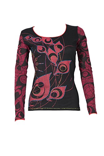 Einzigartiges Langarm Top mit graphischem Ethno Muster - Hippie Chic - YAMA (Bordeaux) (S/M) von Filosophie