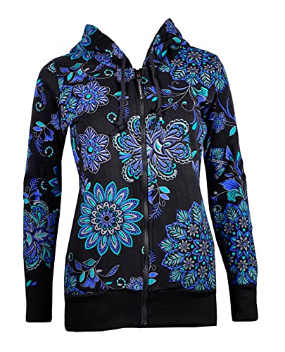Filosophie Schwarz Blaues Kapuzen Hoodie mit Seitentaschen aus Sweat Bio-Baumwolle verziert mit Mandala Muster (Large) von Filosophie