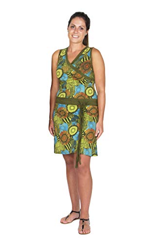 Filosophie Wunderschönes Freizeitkleid/Urlaubskleid mit V-Ausschnitt und farbenfrohen floral Print – Hippie Chic – 100% Baumwolle - NINA (Grün) (XXL) von Filosophie