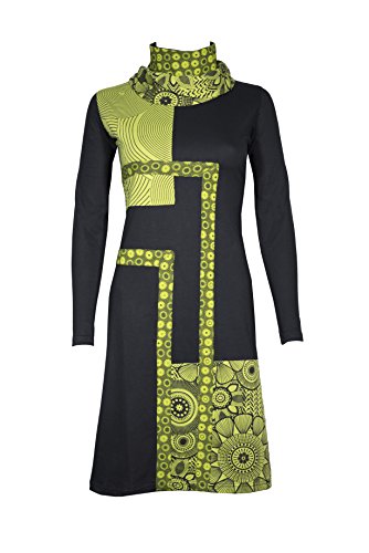 Filosophie Wunderschönes Freizeitkleid mit ausgefallenem Kragen und bunten Ethno Muster in Patchwork Design - Casual Chic - 100% Baumwolle - Nona (Lime) (L/XL) von Filosophie