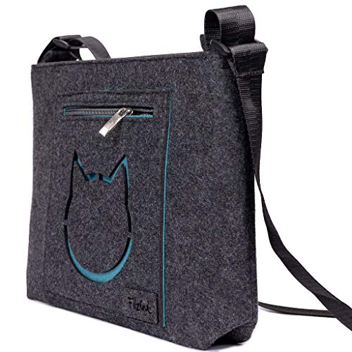 Katze Dunkelgrau/Petrol Umhängetasche Damen Kinderhandtasche Filz Schultertasche Mädchen Dirndl Trachtentasche Filztasche Stoff Trachtenmotiv Tiermotiv von FilzGut