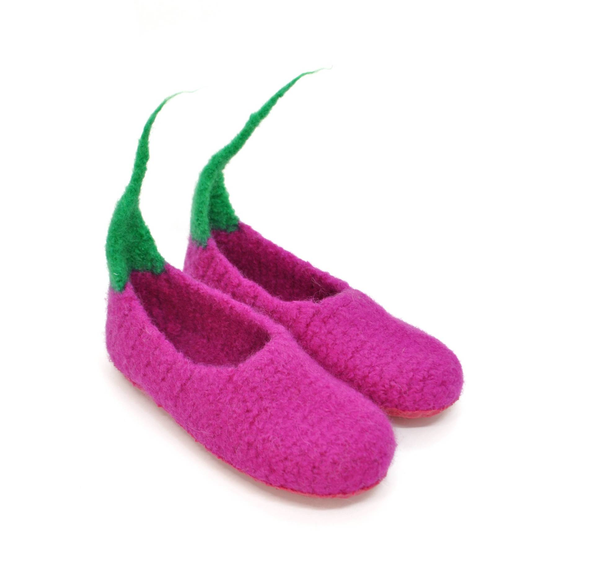 Gr. 34 - Barfußschuhe, Filzhausschuhe, Ballerina Form, Fuchsia Mit Zipfel in Grün, Super Bequem, Rutschfest Gr. 34 - Barfußschuhe, Filzhausschuhe, Ballerina Form, Fuchsia Mit Zipfel in Grün, Super Bequem, Rutschfest von FilzSchluppyFee