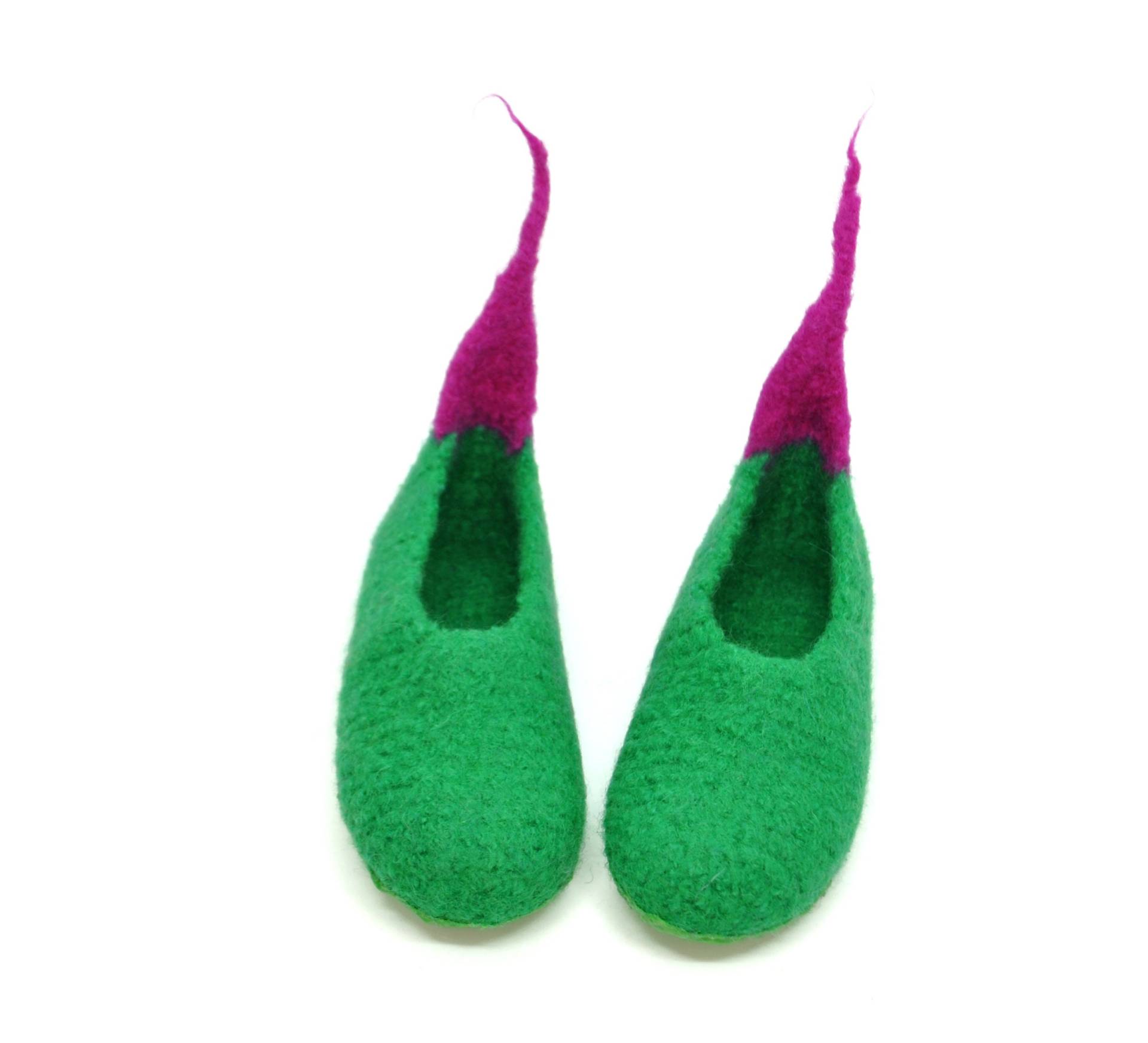 Gr. 34 - Barfußschuhe, Filzhausschuhe, Ballerina Form, Fuchsia Mit Zipfel in Grün, Super Bequem, Rutschfest Gr. 34 - Barfußschuhe, Filzhausschuhe, Ballerina Form, Fuchsia Mit Zipfel in Grün, Super Bequem, Rutschfest von FilzSchluppyFee