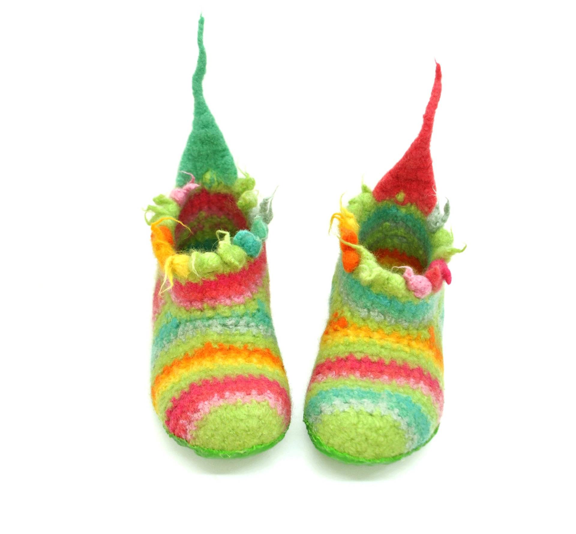 Gr.36+ - Barfußschuhe, Filzhausschuhe, Hellbunt Gestreift Mit Bommelrand, Super Bequem, Rutschfest Gr.36+ - Barfußschuhe, Filzhausschuhe, Hellbunt Gestreift Mit Bommelrand, Super Bequem, Rutschfest von FilzSchluppyFee