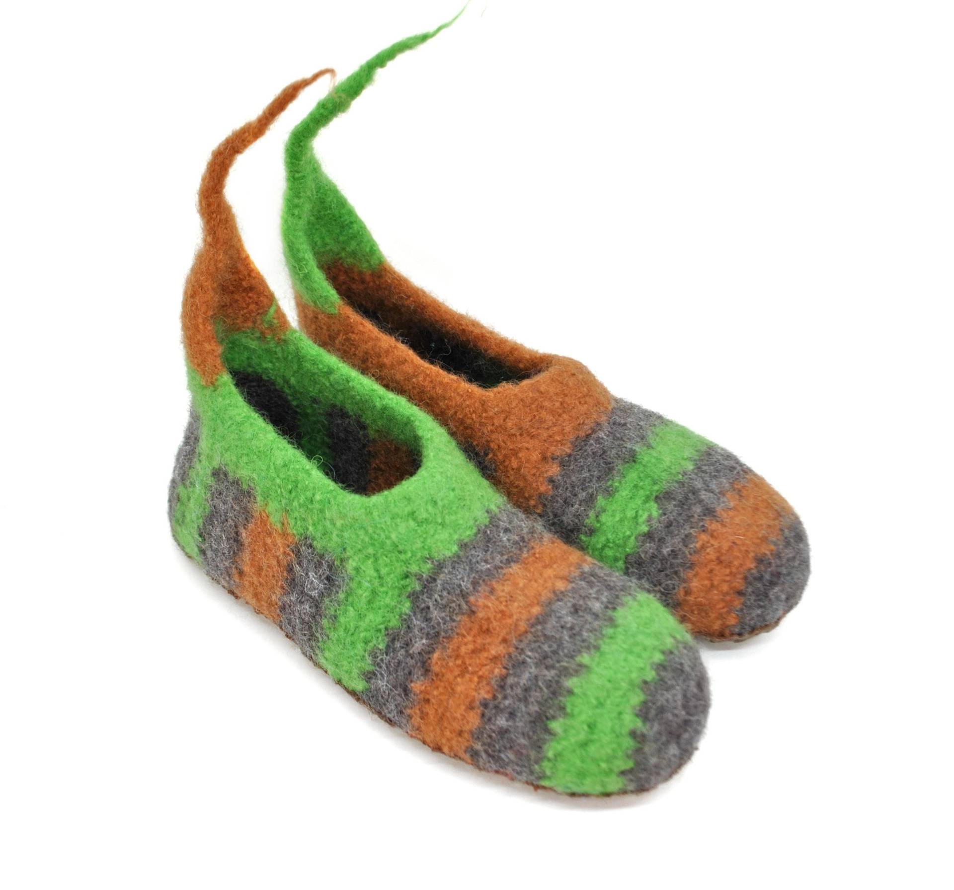 Gr.39+ - Filzpantoffeln, Barfußschuhe, Crazy Grün-Braun Geringelt, Super Bequeme Slipper, Extra Rutschfest Gr.39+ - Filzpantoffeln, Barfußschuhe, Crazy Grün-Braun Geringelt, Super Bequeme Slipper, Extra Rutschfest von FilzSchluppyFee