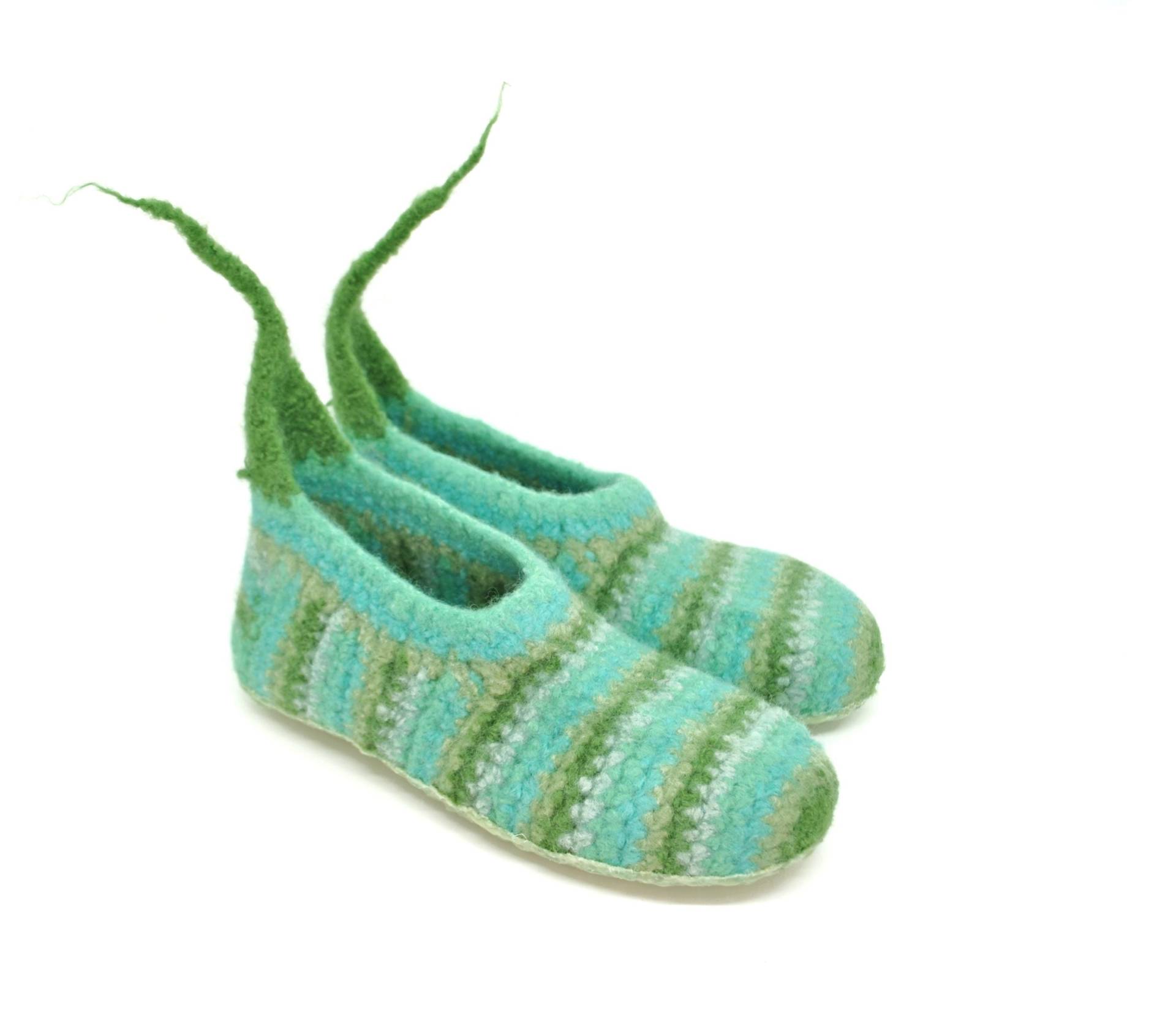 Gr.39+ - Filzpantoffeln, Barfußschuhe, Grün-Türkis Geringelt, Super Bequeme Slipper, Extra Rutschfest Gr.39+ - Filzpantoffeln, Barfußschuhe, Grün-Türkis Geringelt, Super Bequeme Slipper, Extra Rutschfest von FilzSchluppyFee