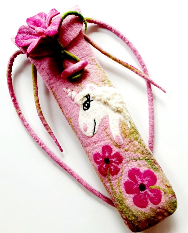 Flötentasche Einhorn Rosa Gefilzt Filztasche Einschulung Schulanfang Einschulungsgeschenk von FilzatelierBaerCity
