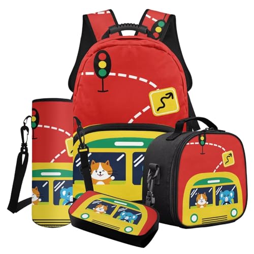 Finagallathe 4-teiliges Kinder-Rucksack-Set für Mädchen, Schulrucksäcke mit Lunchbox, Federmäppchen, Wasserflaschentasche, Rot und Gelb – Katzenelefant, Schulranzen-Set Finagallathe 4-teiliges Kinder-Rucksack-Set für Mädchen, Schulrucksäcke mit Lunchbox, Federmäppchen, Wasserflaschentasche, Rot und Gelb – Katzenelefant, Schulranzen-Set von Finagallathe