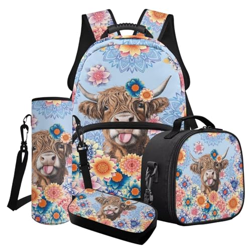 Finagallathe 4er-Pack Kinder-Schultaschen-Set für Mädchen, Rucksack mit großem Fassungsvermögen und Lunchbox-Set mit Federmäppchen, Tassentasche, Blau - Hochlandkuh Boho Mandala Blume, Schulranzen-Set Finagallathe 4er-Pack Kinder-Schultaschen-Set für Mädchen, Rucksack mit großem Fassungsvermögen und Lunchbox-Set mit Federmäppchen, Tassentasche, Blau - Hochlandkuh Boho Mandala Blume, Schulranzen-Set von Finagallathe