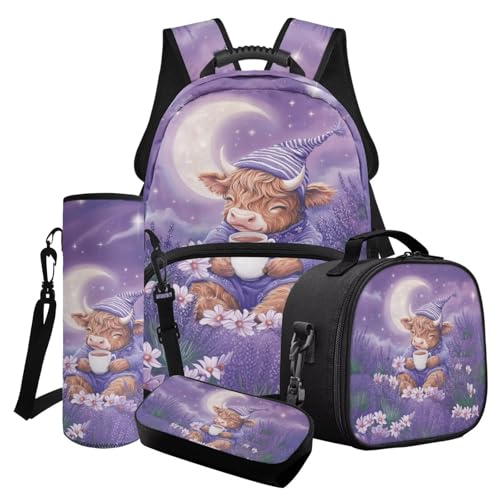Finagallathe 4er-Pack Kinder-Schultaschen-Set für Mädchen, Rucksack mit großem Fassungsvermögen und Lunchbox-Set mit Federmäppchen, Tassentasche, Lila – Hochlandrind Lavendel Gänseblümchen von Finagallathe