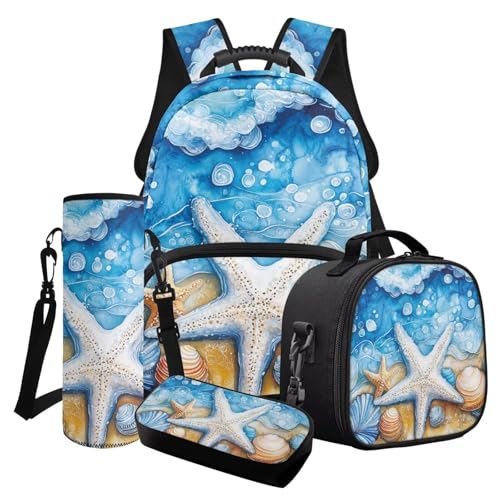 Finagallathe Kinder Schulrucksack 4er Set, Kinder Rucksack mit Lunchbox und Federmäppchen für Mädchen, Back to School Bundle, Blau - Seestern, Schulranzen-Set von Finagallathe