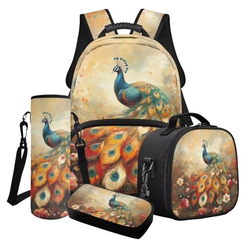 Finagallathe Kinder Schulrucksack 4er Set, Kinder Rucksack mit Lunchbox und Federmäppchen für Mädchen, Back to School Bundle, Braun – Pfau, Schulranzen-Set von Finagallathe