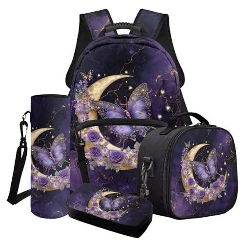 Finagallathe Kinder Schulrucksack 4er Set, Kinder Rucksack mit Lunchbox und Federmäppchen für Mädchen, Back to School Bundle, Lila – Schmetterling, Rose, Mond, Marmor, Schulranzen-Set Finagallathe Kinder Schulrucksack 4er Set, Kinder Rucksack mit Lunchbox und Federmäppchen für Mädchen, Back to School Bundle, Lila – Schmetterling, Rose, Mond, Marmor, Schulranzen-Set von Finagallathe