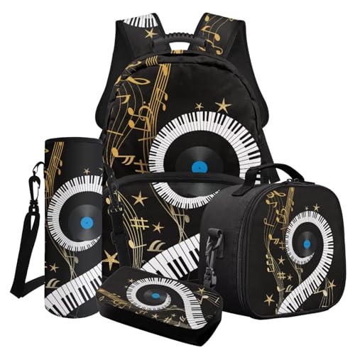 Finagallathe Kinder Schulrucksack 4er Set, Kinder Rucksack mit Lunchbox und Federmäppchen für Mädchen, Back to School Bundle, Schwarz – Musiknote, Schulranzen-Set von Finagallathe