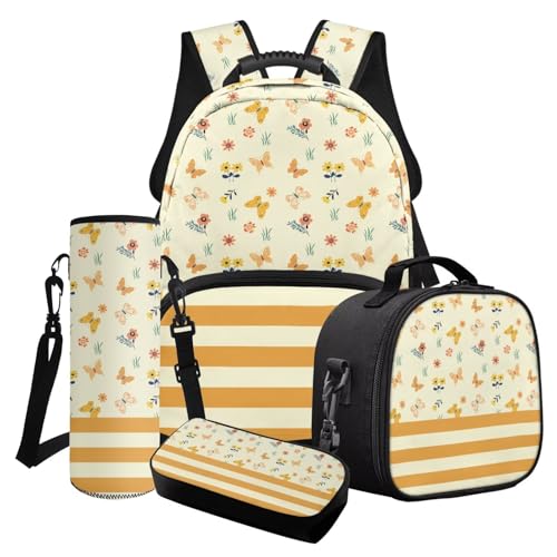 Finagallathe Kinderrucksäcke für Mädchen, Kinderrucksack-Set mit Brotdose, Federmäppchen und Wasserflaschentasche, Orange – Schmetterlingsblume, Schulranzen-Set Finagallathe Kinderrucksäcke für Mädchen, Kinderrucksack-Set mit Brotdose, Federmäppchen und Wasserflaschentasche, Orange – Schmetterlingsblume, Schulranzen-Set von Finagallathe