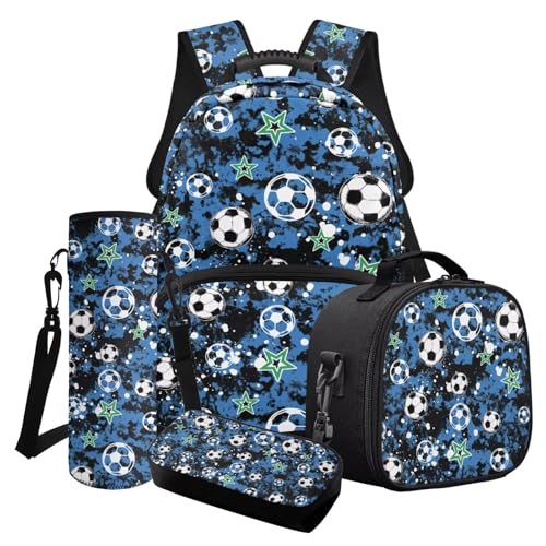 Finagallathe Schulrucksack-Set für Jungen, Rucksack, Lunchbox-Set mit Federmäppchen, Wasserflasche, Tasche für Grundschule, 4-teilig, Blau – Fußballstern, Schulranzen-Set Finagallathe Schulrucksack-Set für Jungen, Rucksack, Lunchbox-Set mit Federmäppchen, Wasserflasche, Tasche für Grundschule, 4-teilig, Blau – Fußballstern, Schulranzen-Set von Finagallathe