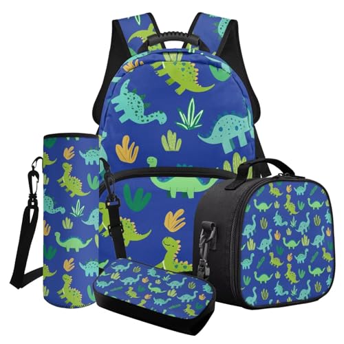 Finagallathe Schulrucksack-Set für Jungen, Rucksack, Lunchbox-Set mit Federmäppchen, Wasserflasche, Tasche für Grundschule, 4-teilig, Blau und Grün – niedlicher Dinosaurier, Schulranzen-Set Finagallathe Schulrucksack-Set für Jungen, Rucksack, Lunchbox-Set mit Federmäppchen, Wasserflasche, Tasche für Grundschule, 4-teilig, Blau und Grün – niedlicher Dinosaurier, Schulranzen-Set von Finagallathe