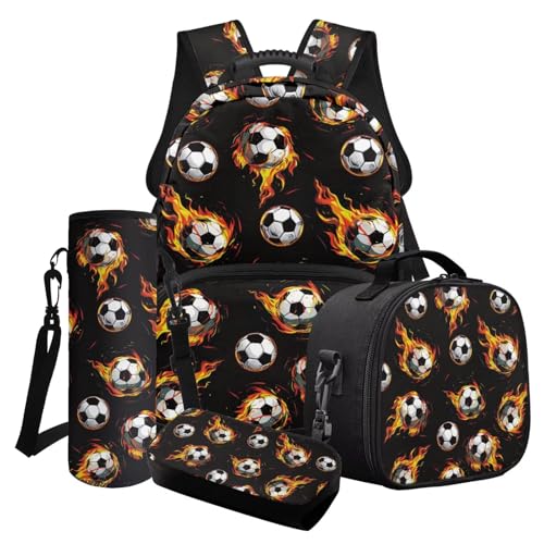 Finagallathe Schulrucksack-Set für Jungen, Rucksack, Lunchbox-Set mit Federmäppchen, Wasserflasche, Tasche für Grundschule, 4-teilig, Schwarz – Feuerfußball, Schulranzen-Set Finagallathe Schulrucksack-Set für Jungen, Rucksack, Lunchbox-Set mit Federmäppchen, Wasserflasche, Tasche für Grundschule, 4-teilig, Schwarz – Feuerfußball, Schulranzen-Set von Finagallathe