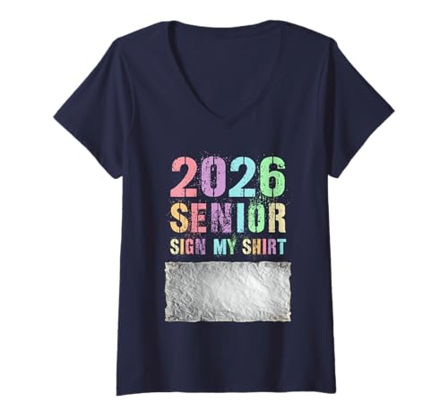 Damen Jahrbuch „Groovy Class of 2026 Seniors Sign My Shirt“, 12 Jahre T-Shirt mit V-Ausschnitt Damen Jahrbuch „Groovy Class of 2026 Seniors Sign My Shirt“, 12 Jahre T-Shirt mit V-Ausschnitt von Finally Final Level Party Crew Senior Almost There