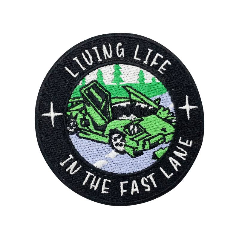 Patch Zum Aufbügeln - Living Life in The Fast Lane | Auto Patches Sportwagen Bügelbild Retro Motorrad Aufbügler Runde Aufnäher Finally Home von FinallyHomeDesign