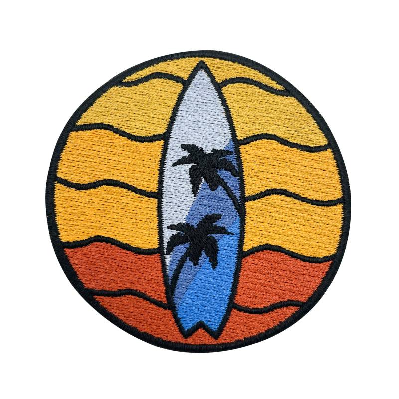 Patch Zum Aufbügeln - Surfbrett Im Sonnenuntergang | Surfen Patches, Palmen Meer Strand Flicken, Backpacker Surfer Aufnäher Finally Home von FinallyHomeDesign
