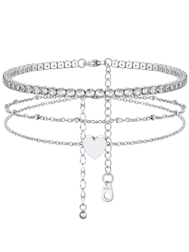 FindChic 2 Stück Fußkette Damen Tennis Fußkettchen Mehrschichtiger Doppeltes Herz Fussband Verstellbares Sommer Strand Knöchel Ketten Zierliches Fussband Set Fußschmuck von FindChic